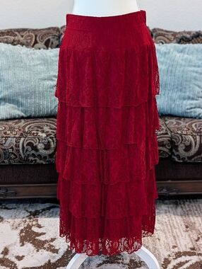 Tiered Lace Maxi Skirt in Deep Red